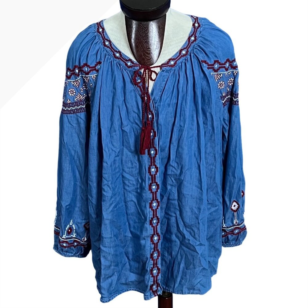 Style & Co Womens Denim Red‎ & White Embroidered Peasant Button Down Top Size 3X